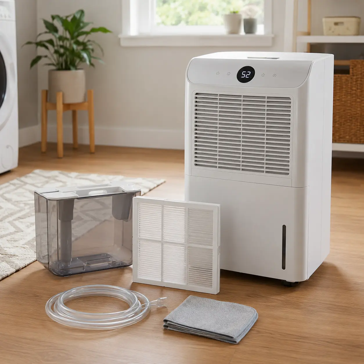Dehumidifier with removable water tank filter panel drainage hose and cleaning cloth for buyer checklist