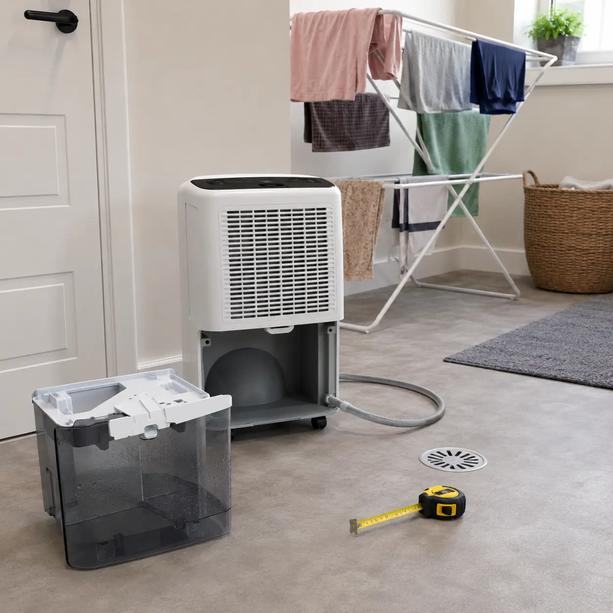 Dehumidifier with water tank drainage hose clothes airer and tape measure for buying checks
