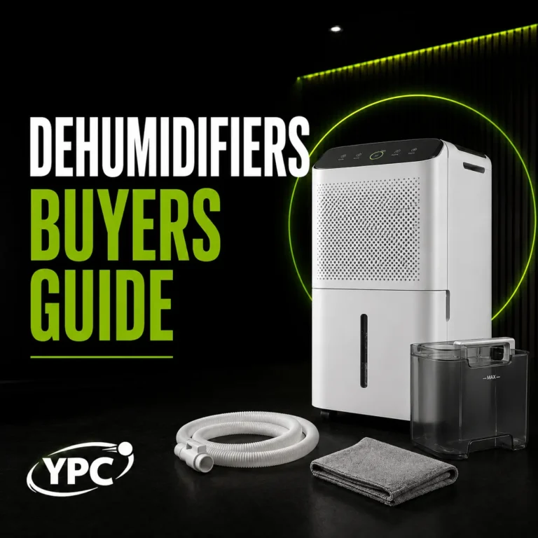 Dehumidifiers Buyers Guide graphic with dehumidifier, removable water tank, drainage hose, cleaning cloth and YPC logo