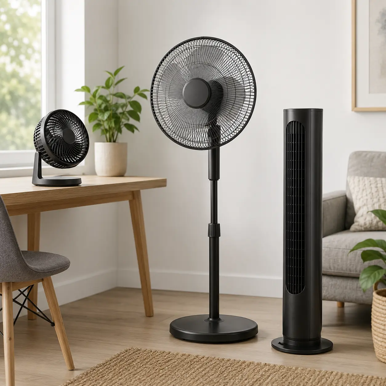 Desk fan pedestal fan and tower fan compared in a clean home setting