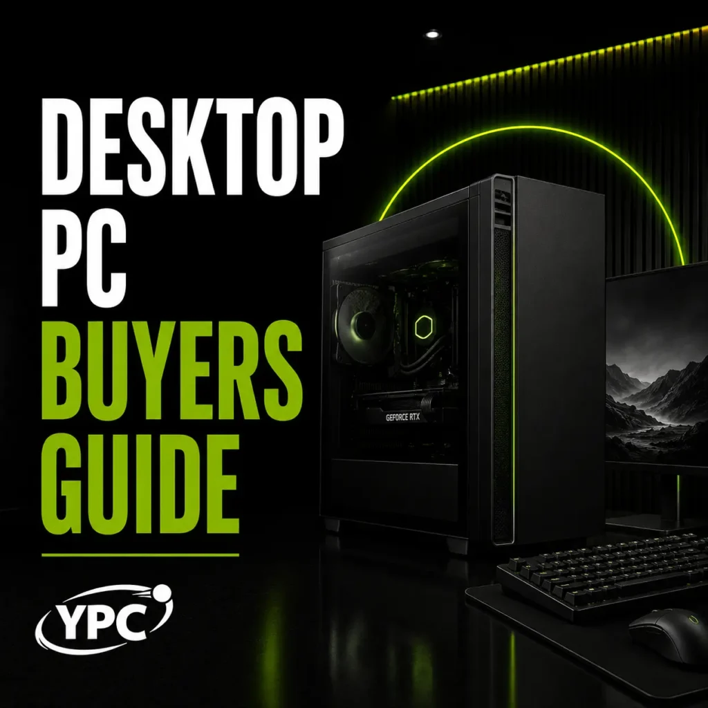 Desktop PC Buyers Guide graphic with black computer tower, monitor, keyboard, mouse and YPC logo