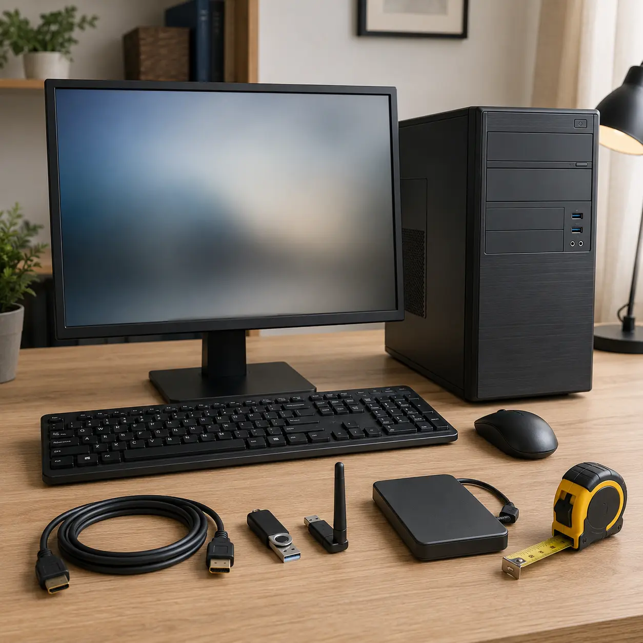 Desktop PC setup with monitor, keyboard, mouse, cables, WiFi adapter, external drive and tape measure