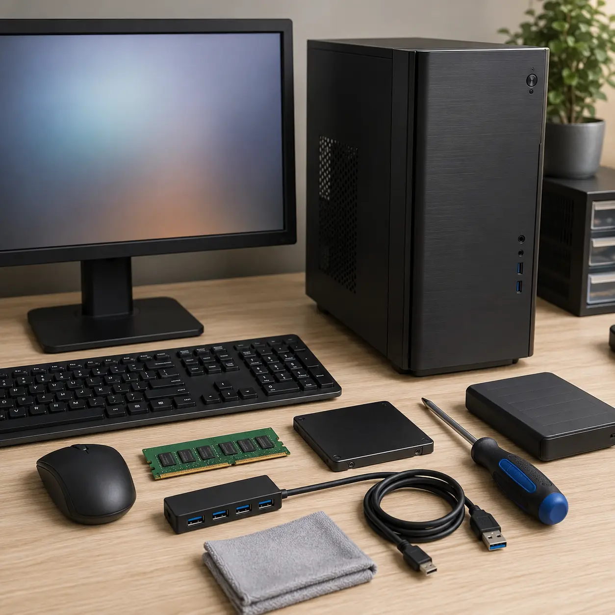 Desktop PC with monitor, keyboard, mouse, RAM, SSD, USB hub, cables and cleaning accessories