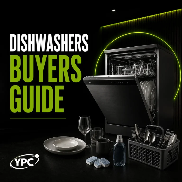 Dishwashers Buyers Guide graphic with open dishwasher, plates, cutlery, tablets, rinse aid and YPC logo