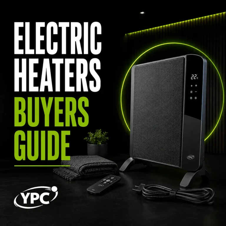 Electric Heaters Buyers Guide graphic with electric heater, remote control, power cable, blanket and YPC logo