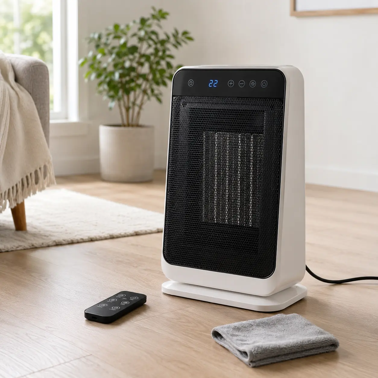 Electric heater with control panel cable remote and cleaning cloth for buyer checklist