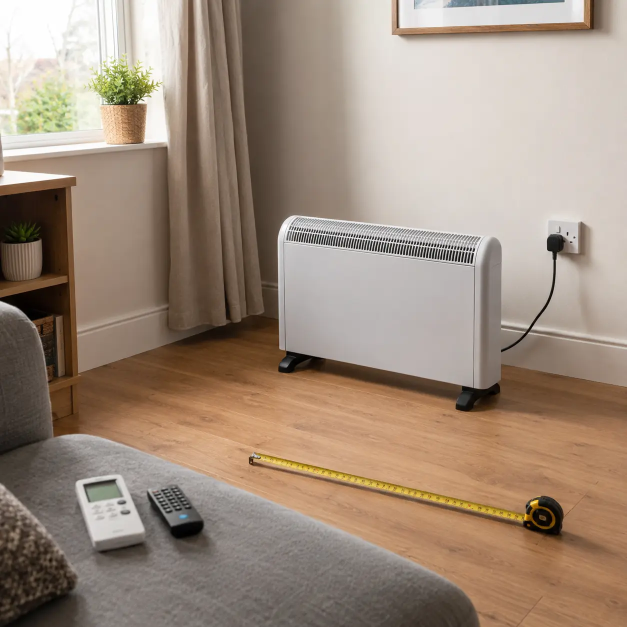Electric heater with measuring tape plug socket and clear floor space for buying checks
