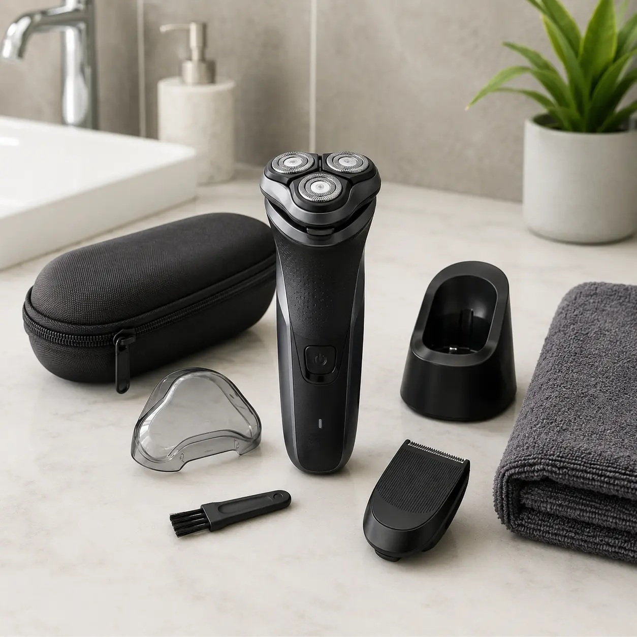 Electric shaver with charger cleaning brush replacement head and trimmer attachment for buying checks