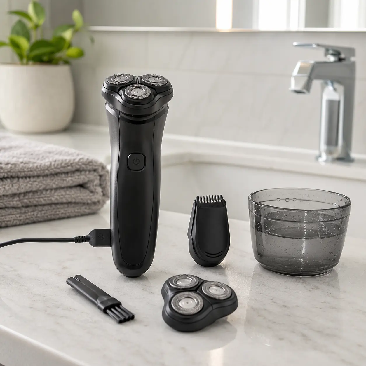Electric shaver with travel pouch charging stand cleaning brush and attachments for buyer checklist