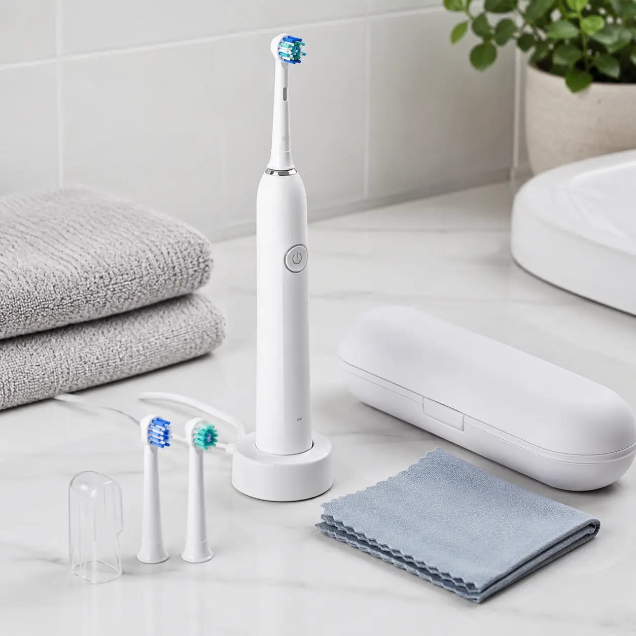 Electric toothbrush with charging base replacement heads travel case and cleaning cloth for buyer checklist