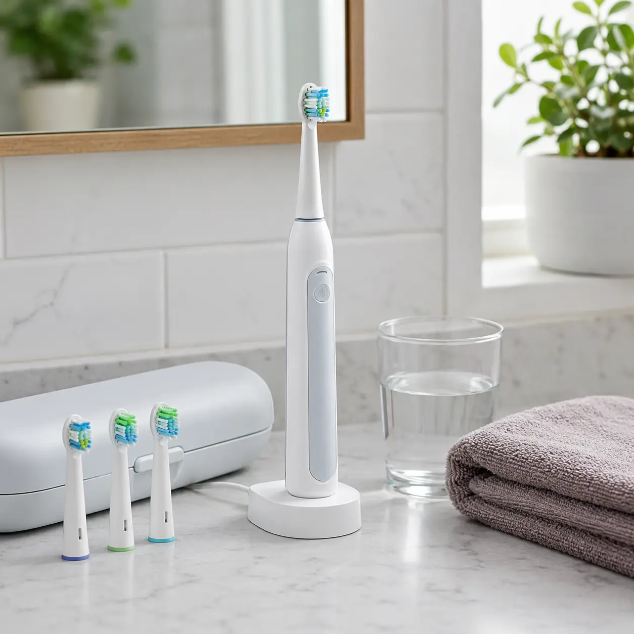 Electric toothbrush with replacement heads charging stand travel case and water cup for buying checks