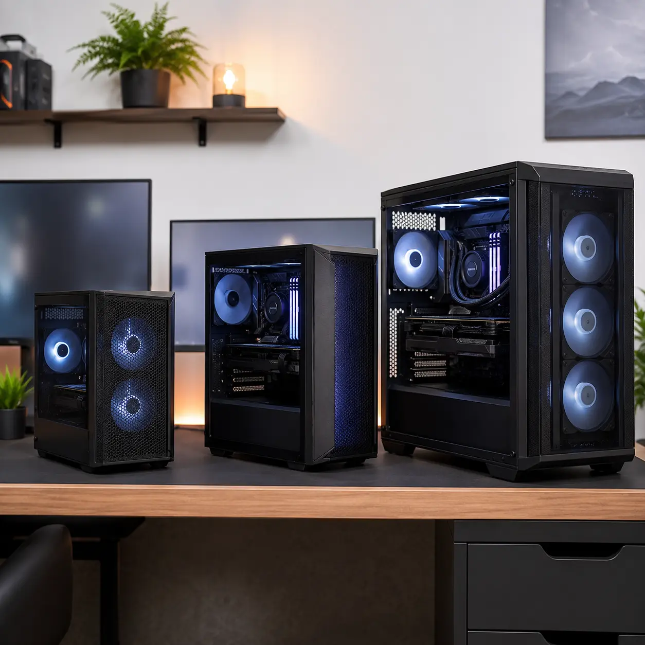 Entry level, mid range and high performance gaming PCs compared in a modern gaming workspace