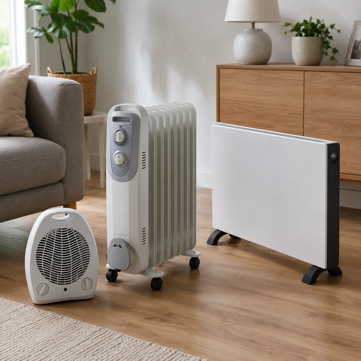 Fan heater oil filled radiator and panel heater compared on a clean home floor