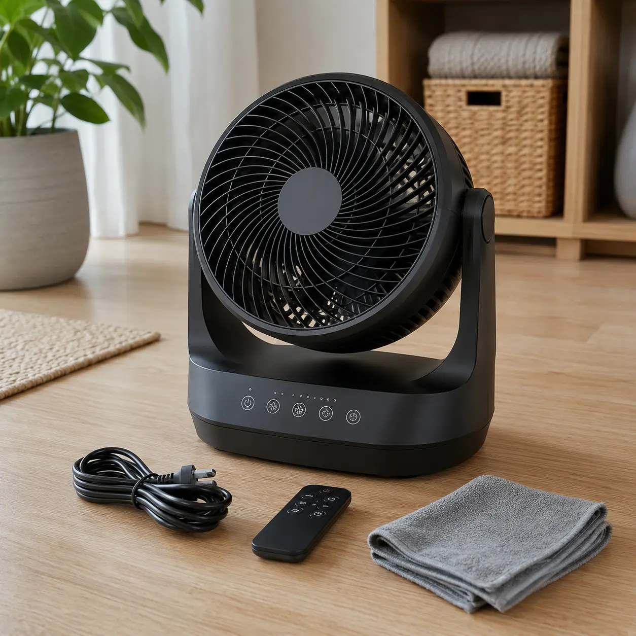 Fan with controls remote power cable and cleaning cloth for buyer checklist
