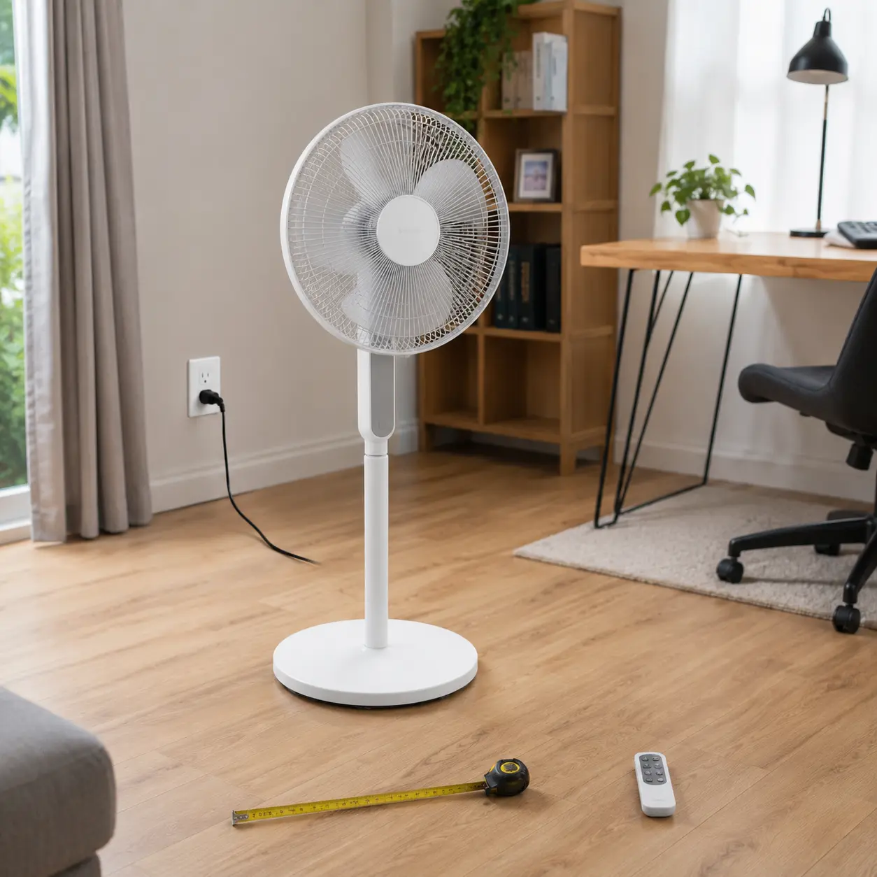 Fan with measuring tape plug socket remote control and clear floor space for buying checks