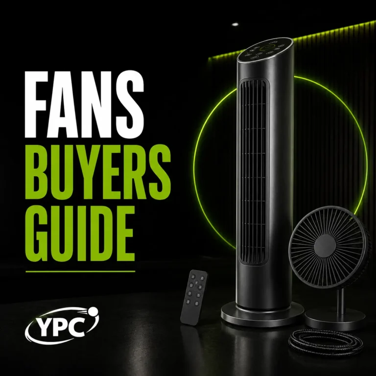 Fans Buyers Guide graphic with tower fan, desk fan, remote control, power cable and YPC logo