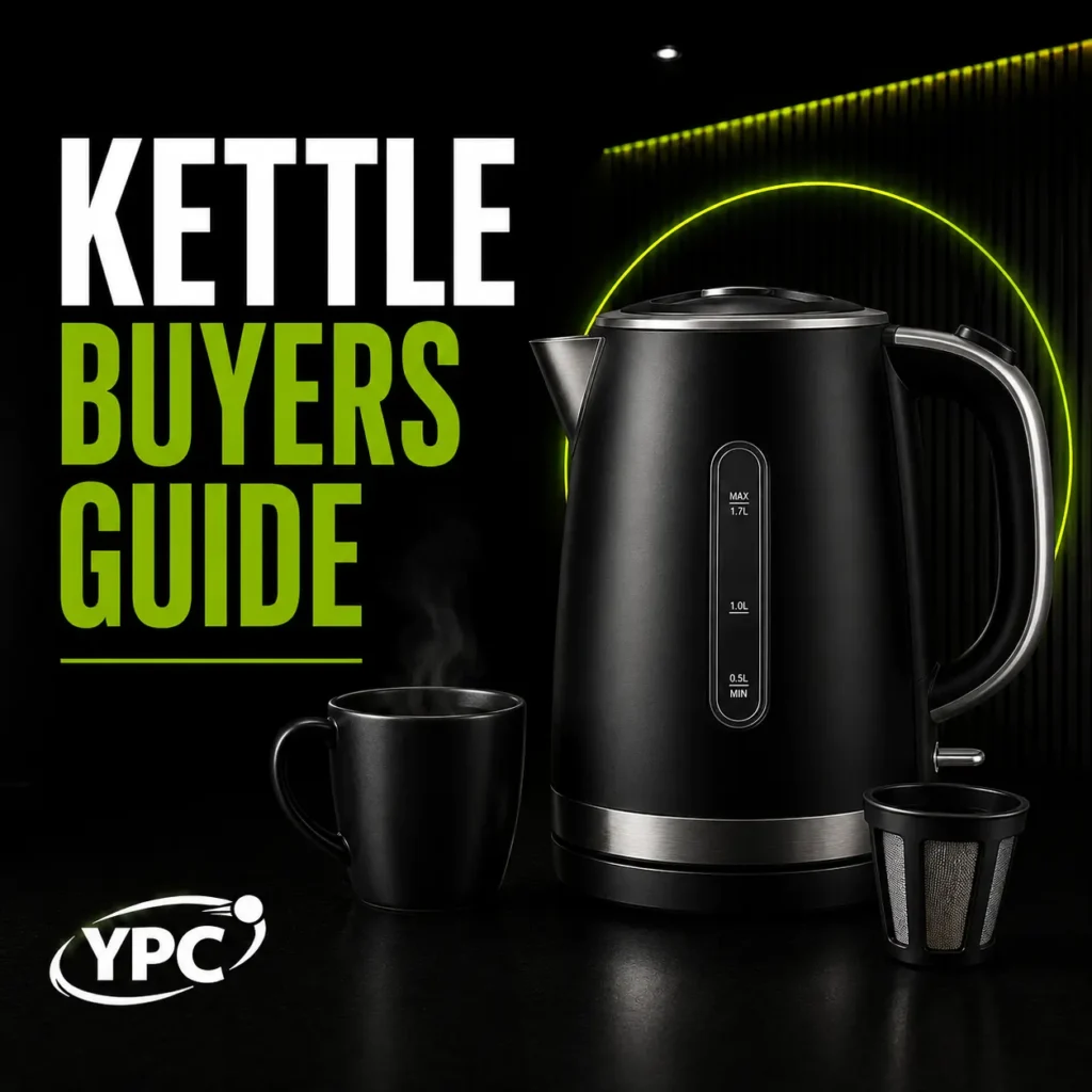 Featured Image Kettle Buyers Guide graphic with black kettle, mug, removable filter and YPC logo