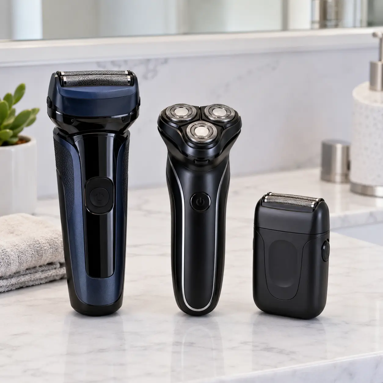 Foil rotary and compact travel electric shavers compared on a bathroom counter