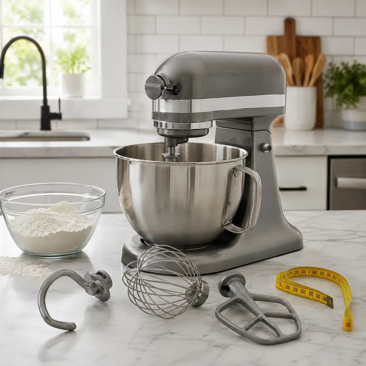 Food mixer with bowl dough hook whisk beater flour and measuring tape for buying checks
