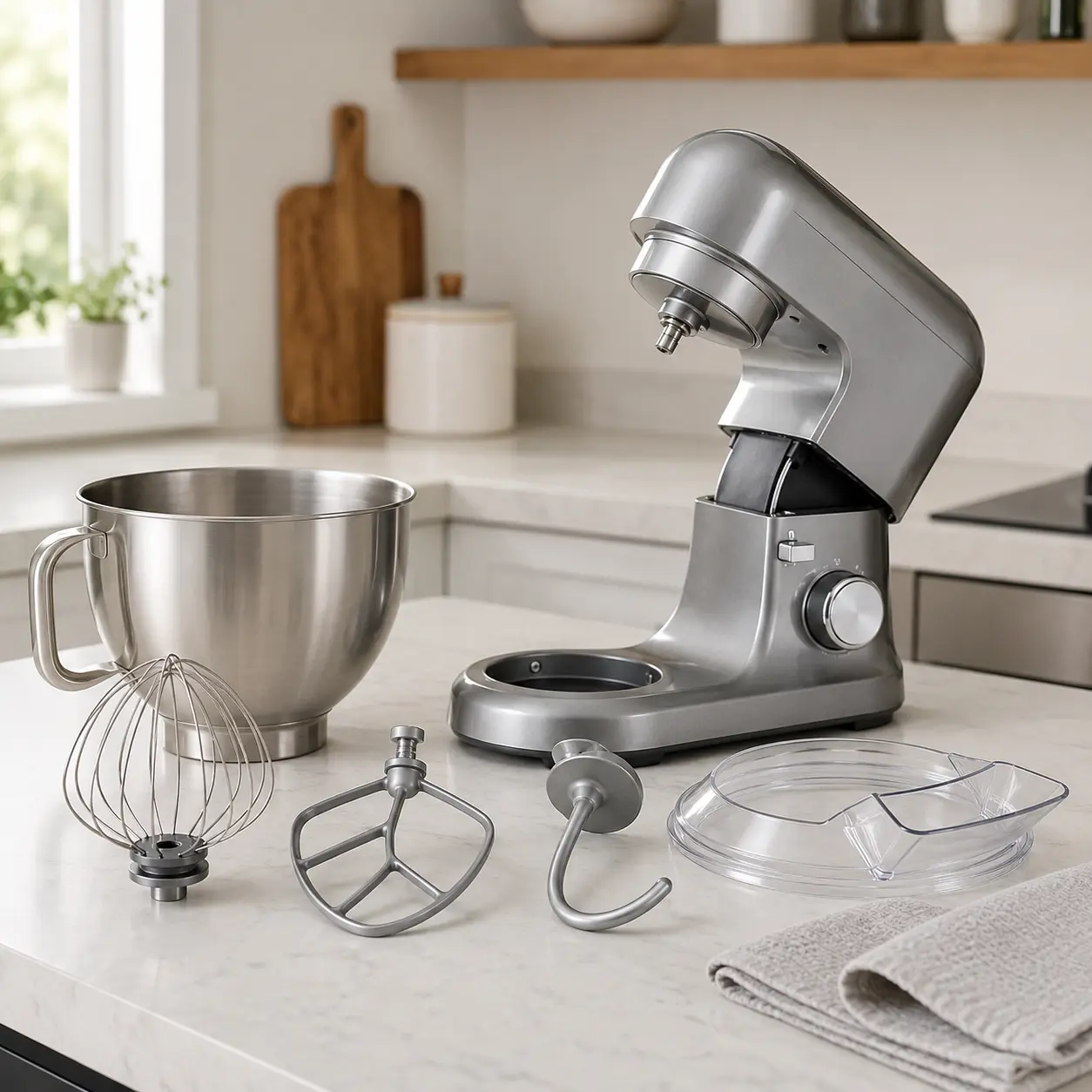 Food mixer with removable bowl whisk beater dough hook splash guard and cleaning cloth
