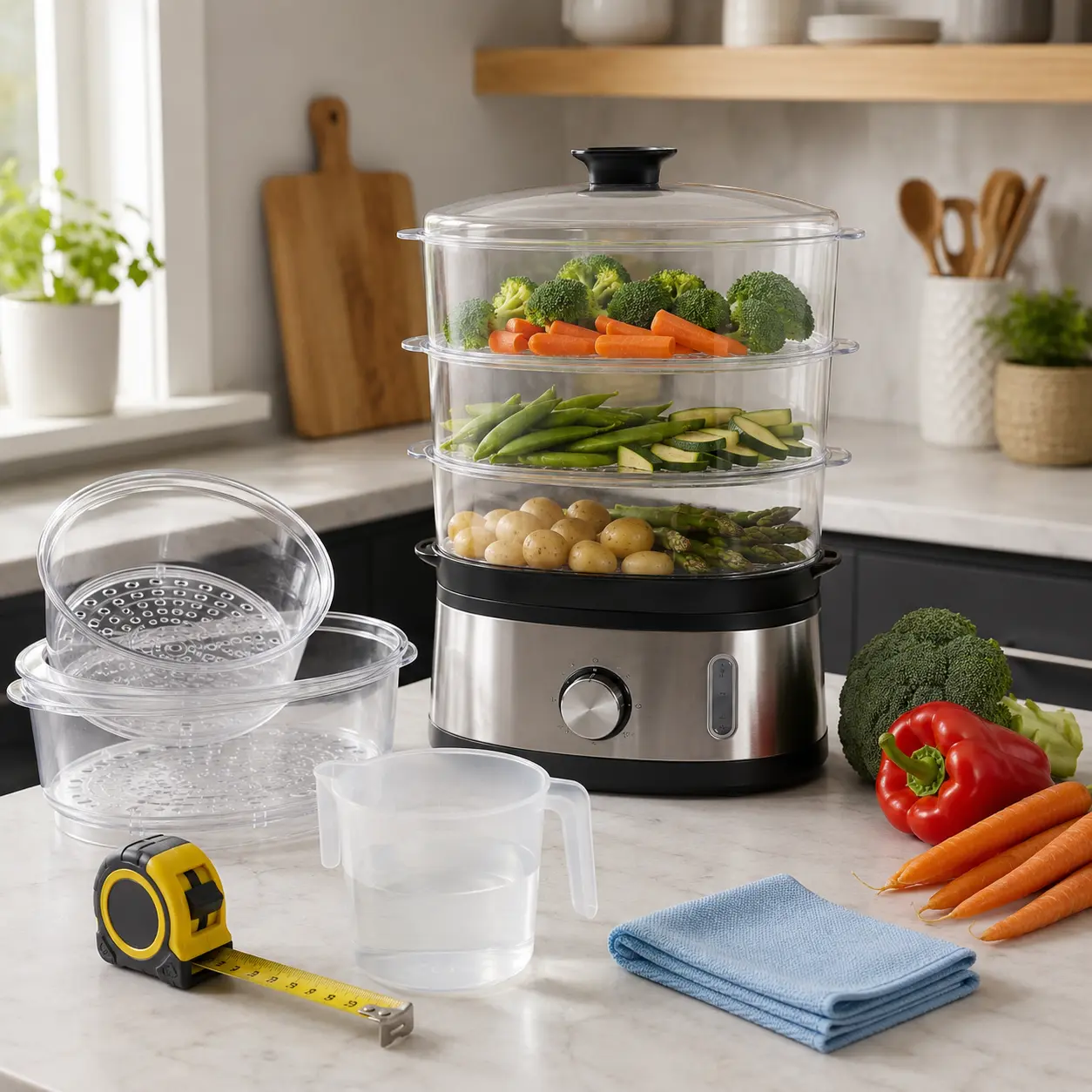 Food steamer with baskets water jug vegetables tape measure and cleaning cloth for buying checks