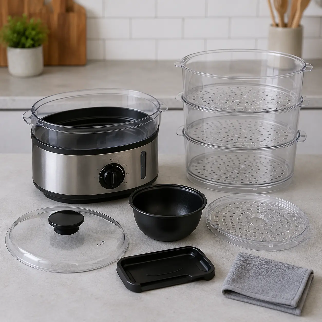 Food steamer with stackable baskets drip tray rice bowl lid and cleaning cloth