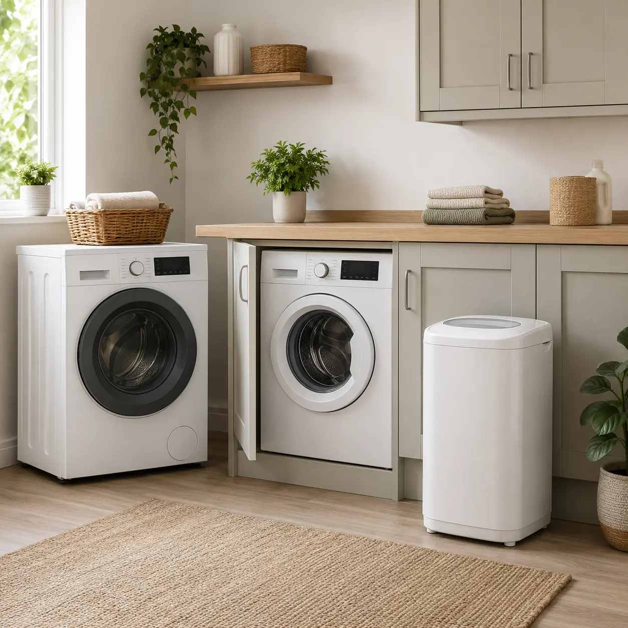 Freestanding, integrated and compact washing machines compared in a clean laundry room