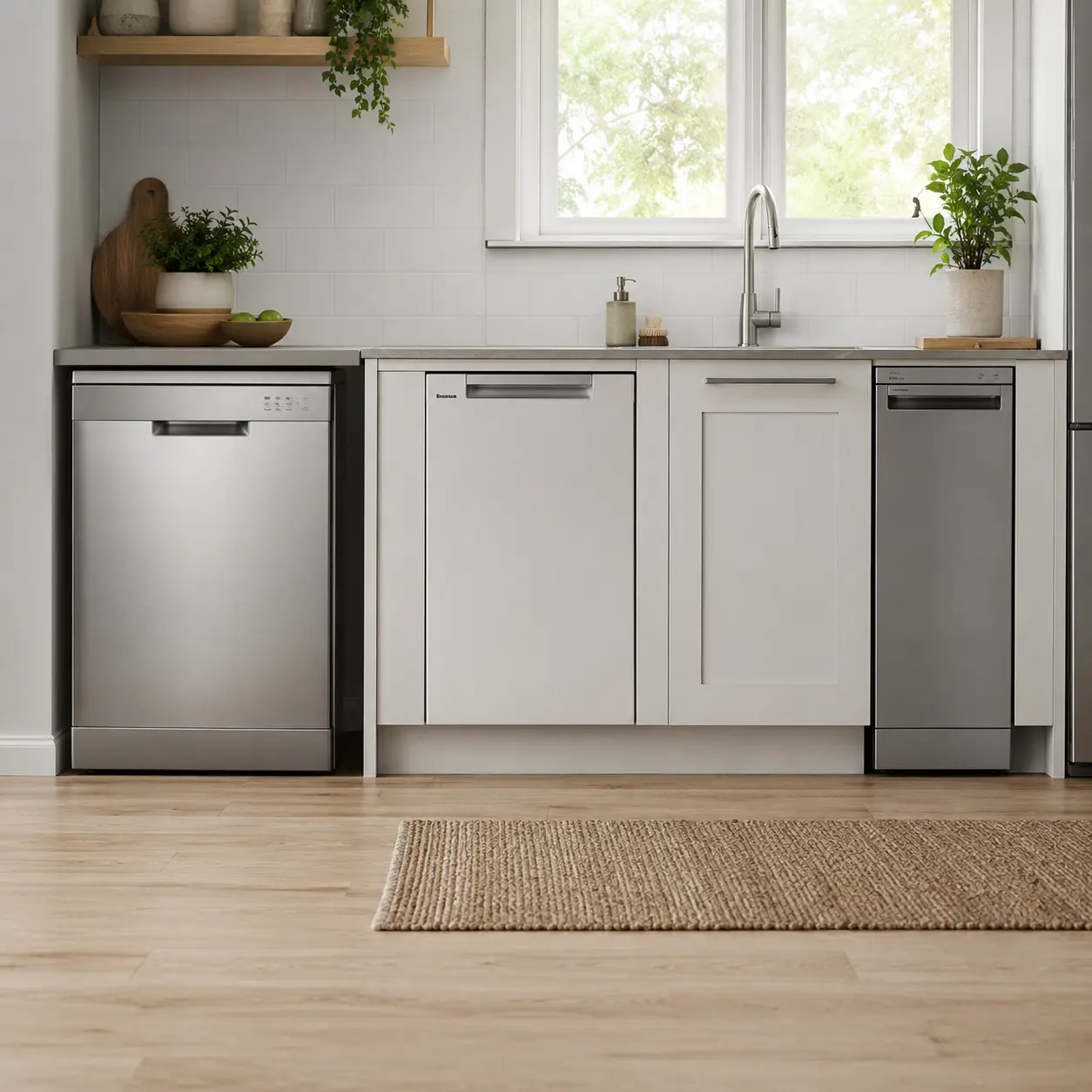 Freestanding integrated and slimline dishwashers compared in a modern kitchen.
