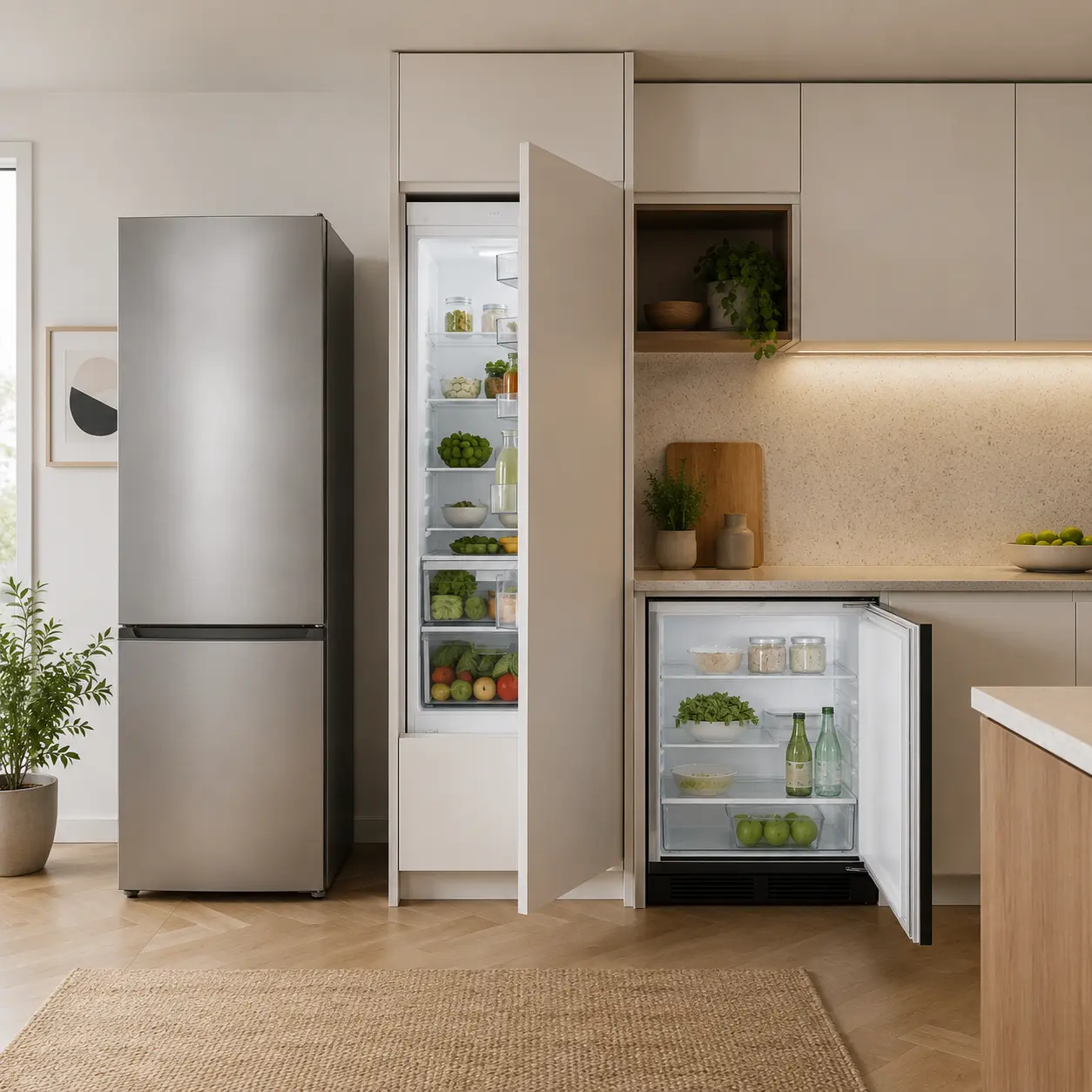 Freestanding integrated and under counter fridges compared in a modern kitchen