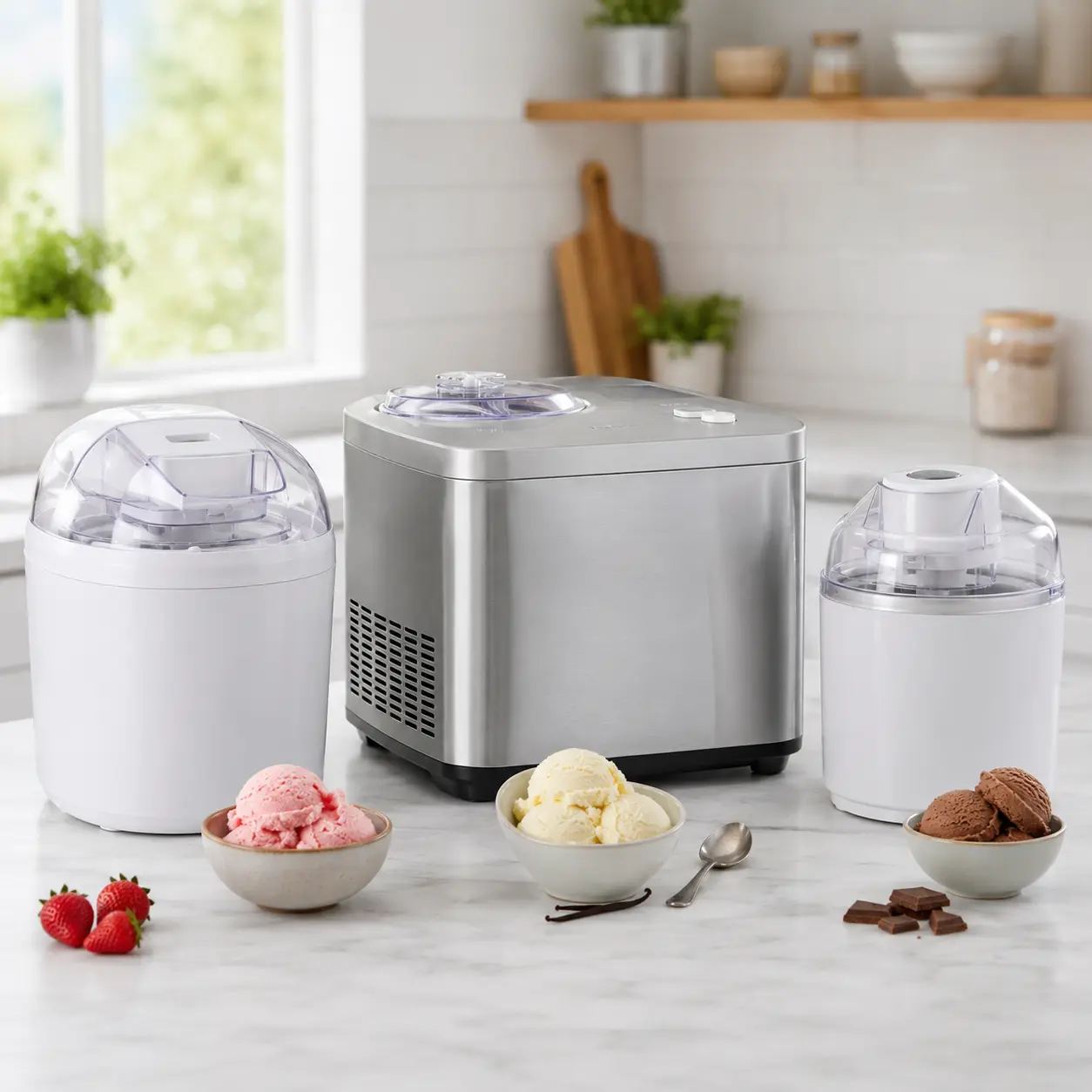 Freezer bowl compressor and compact ice cream makers compared on a kitchen worktop