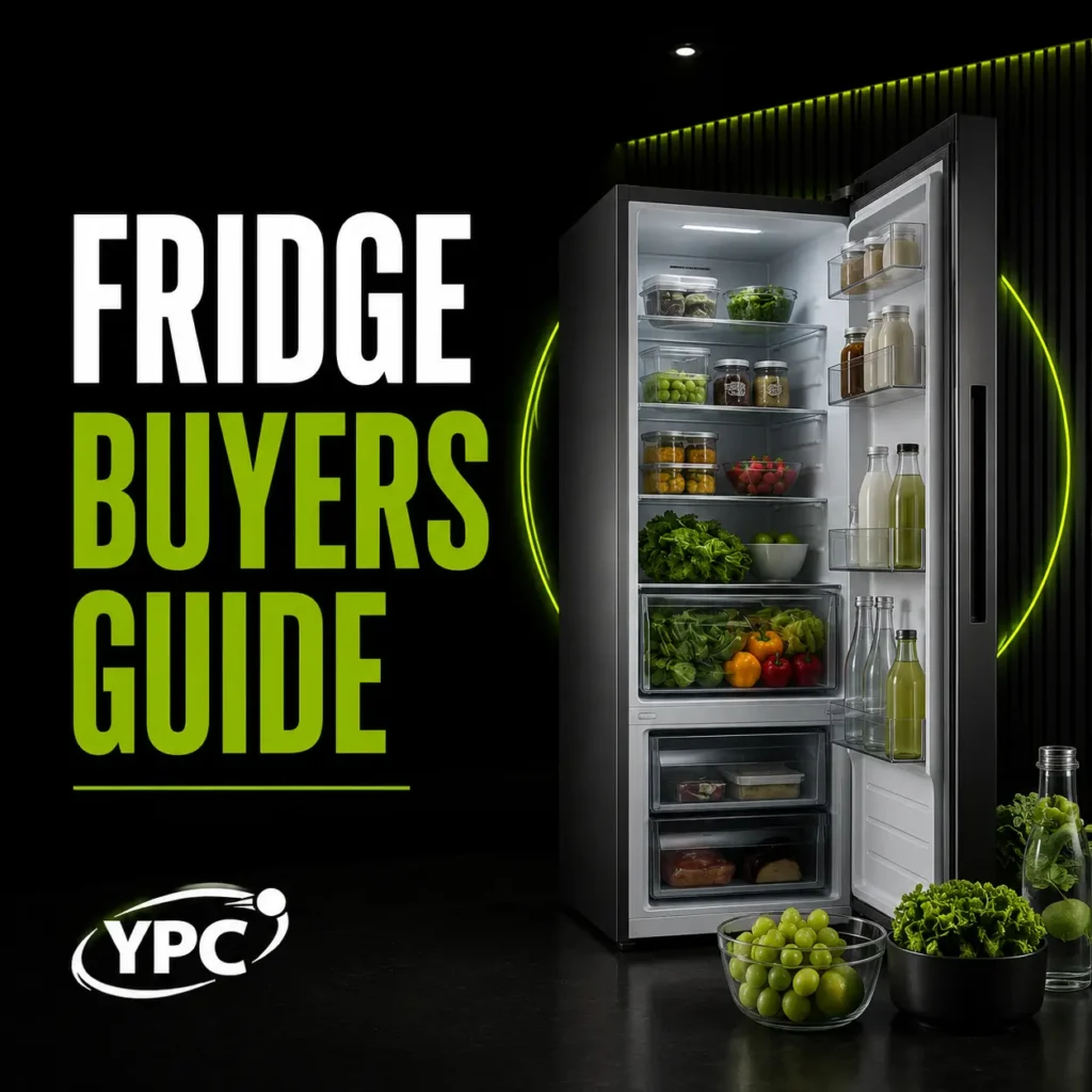 Fridge Buyers Guide graphic with open fridge, fresh food, bottles, storage containers and YPC logo