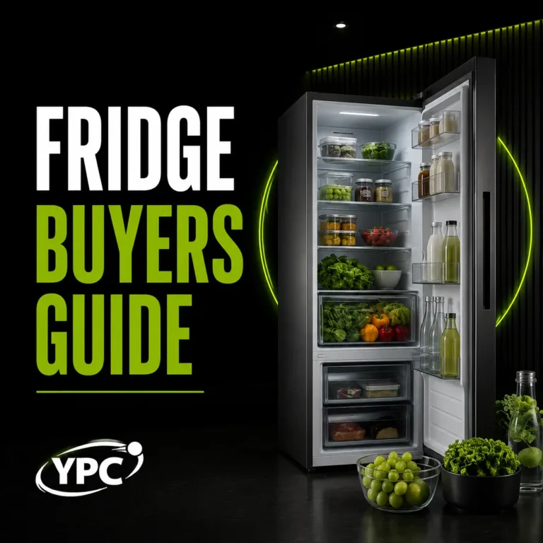 Fridge Buyers Guide graphic with open fridge, fresh food, bottles, storage containers and YPC logo