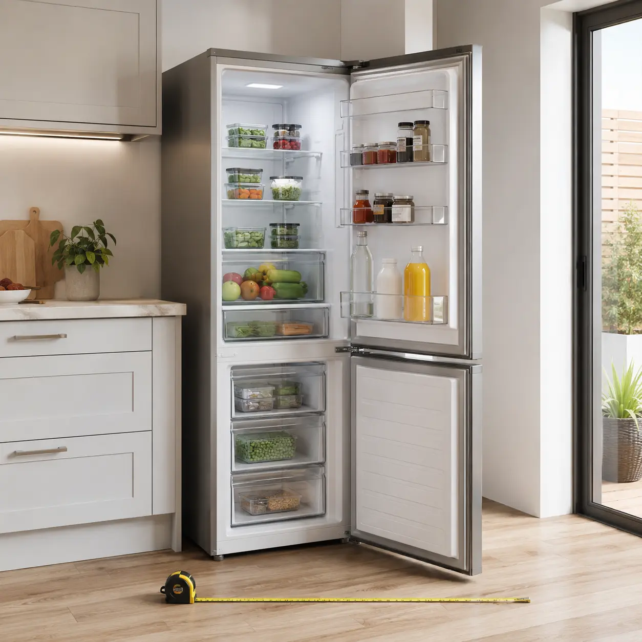 Fridge with measuring tape open door shelves and food containers for buying checks