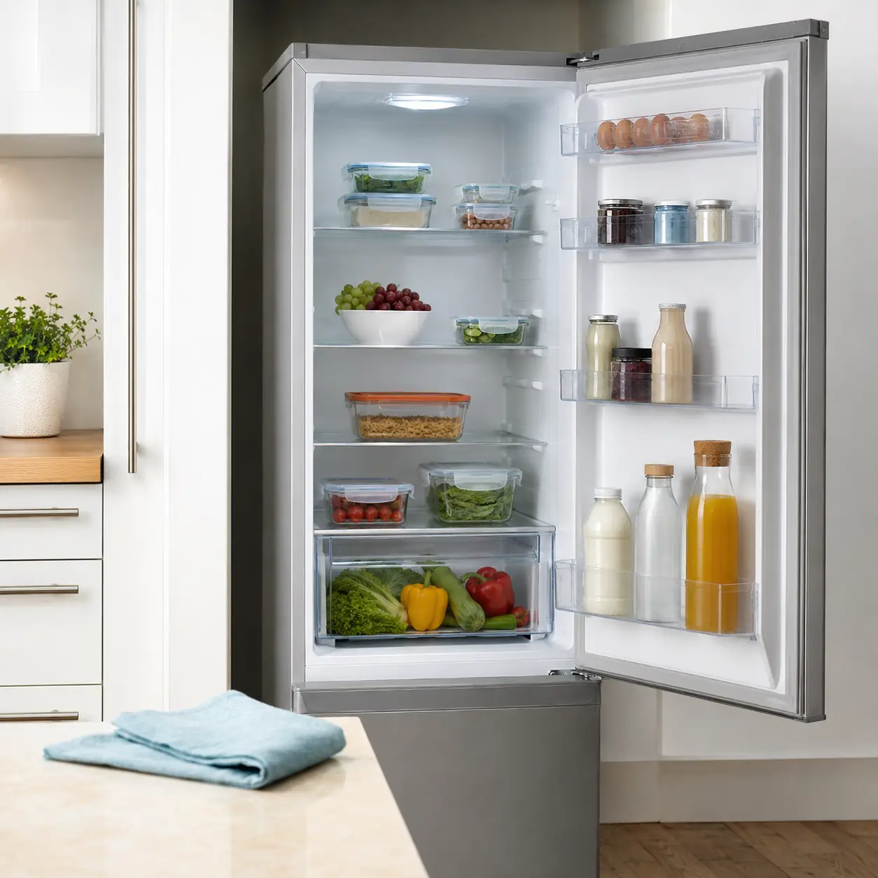 Fridge with open door shelves salad drawer door racks and cleaning cloth