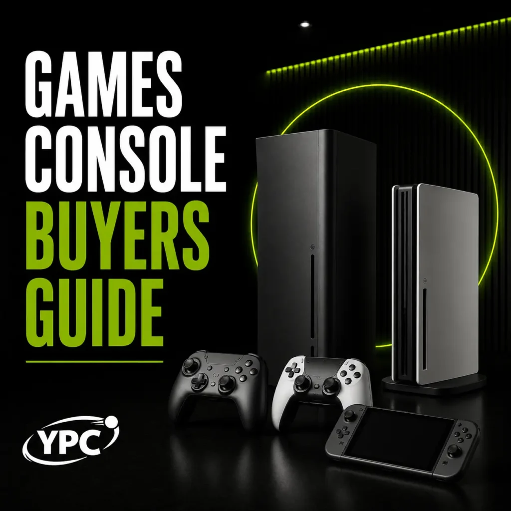 Games Console Buyers Guide graphic with home consoles, controllers, handheld console and YPC logo