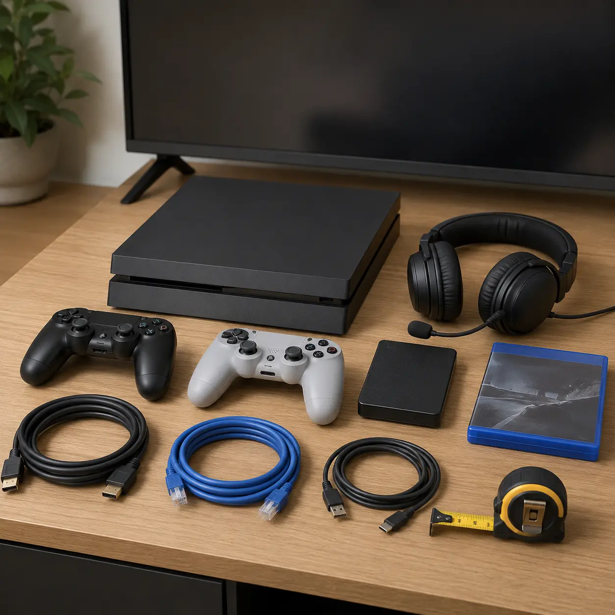 Games console setup with controllers, HDMI cable, network cable, headset, storage and charging accessories