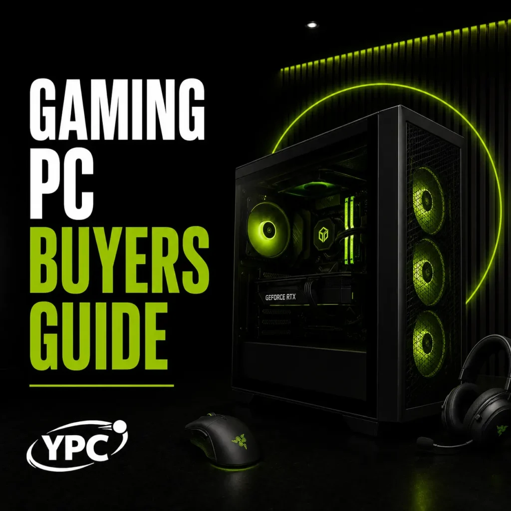 Gaming PC Buyers Guide graphic with black gaming tower, green illuminated fans, mouse, headset and YPC logo