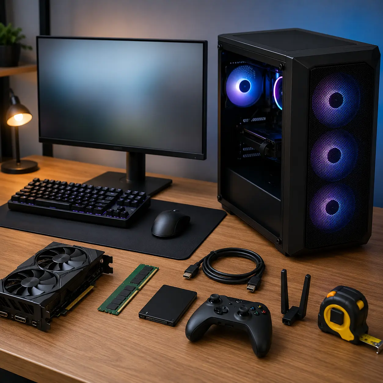 Gaming PC setup with graphics card, RAM, SSD, display cable, controller, WiFi antenna and tape measure