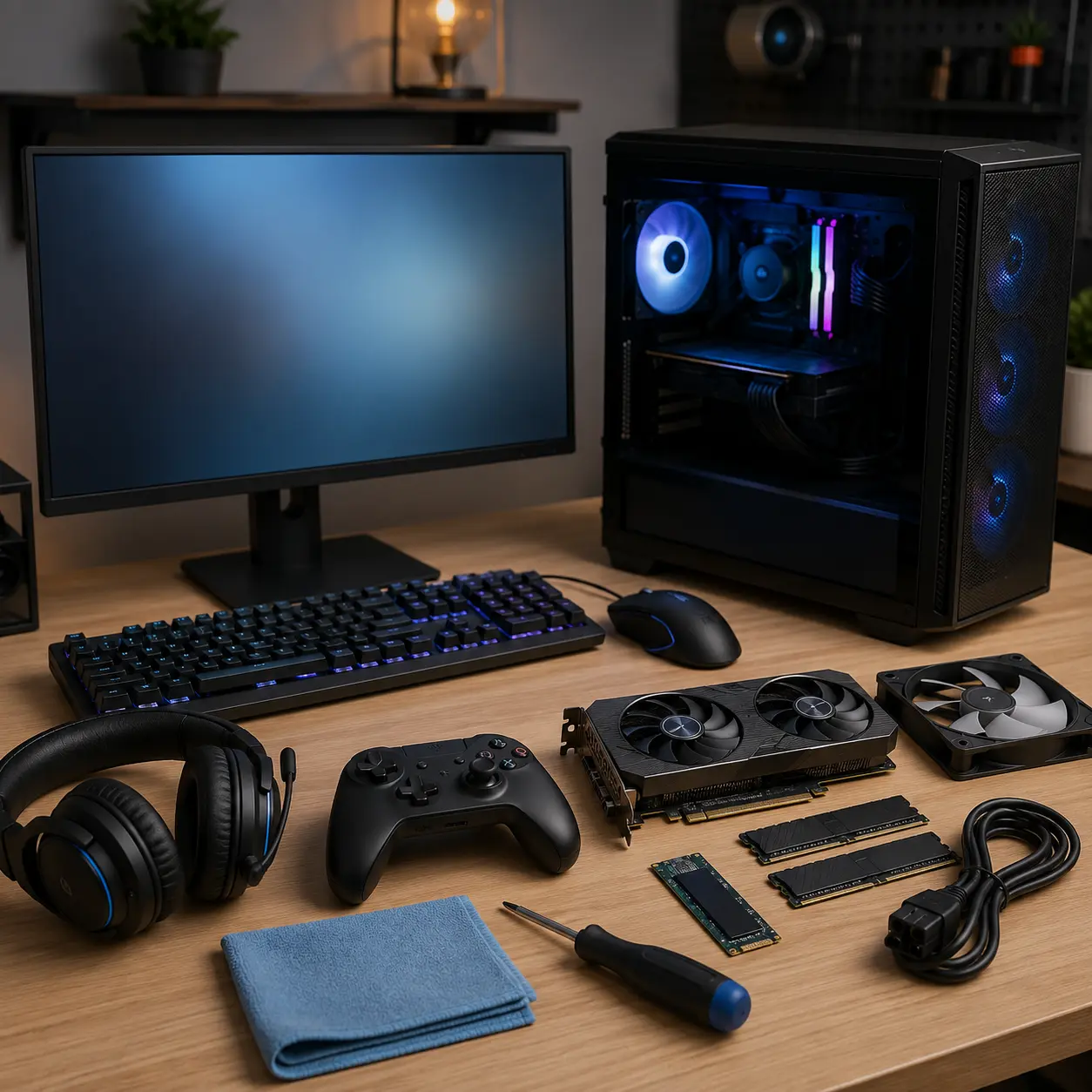 Gaming PC with graphics card, RAM, SSD, fan, headset, controller, cables and maintenance accessories