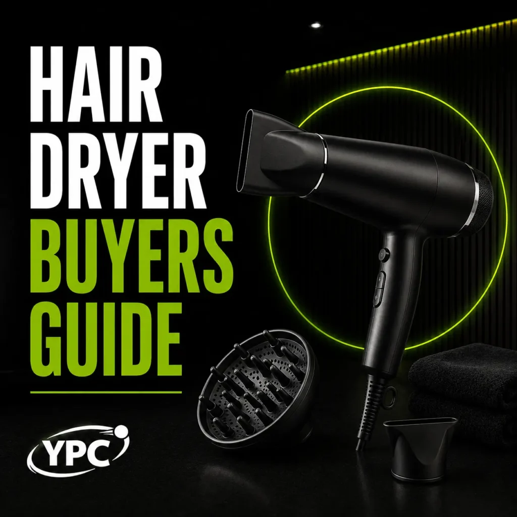Hair Dryer Buyers Guide graphic with hair dryer, diffuser, concentrator nozzle, folded towel and YPC logo