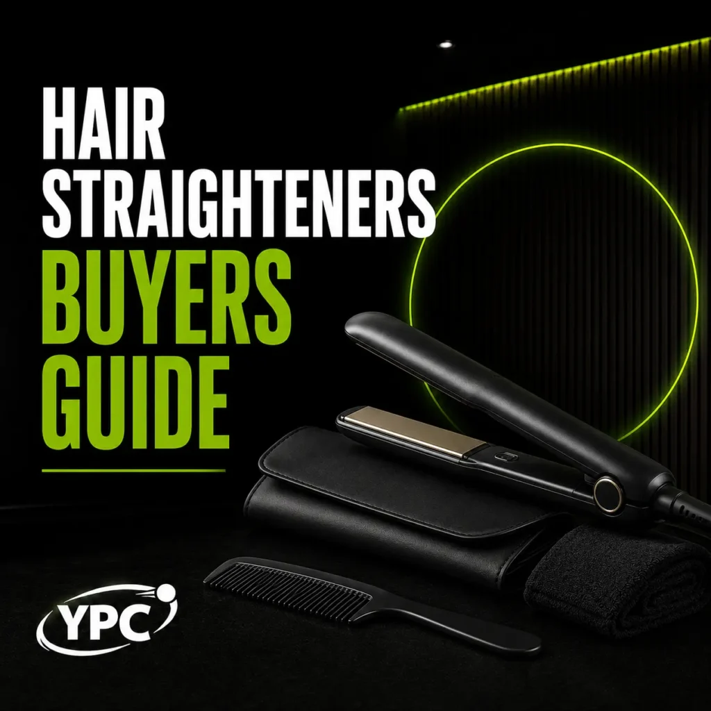 Hair Straightener Buyers Guide graphic with straighteners, heat pouch, comb, folded towel and YPC logo