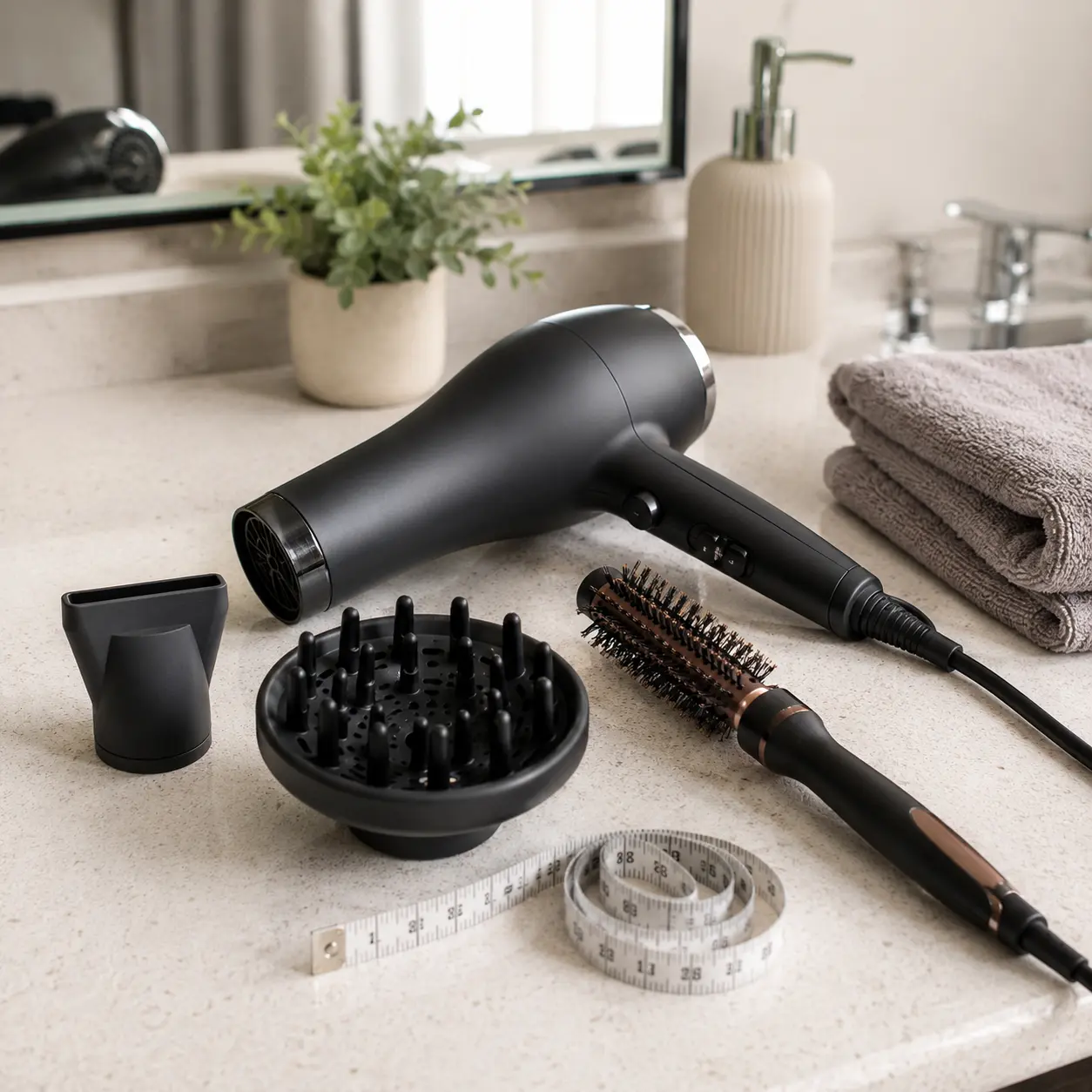 Hair dryer with nozzle diffuser measuring tape towel and styling brush for buying checks