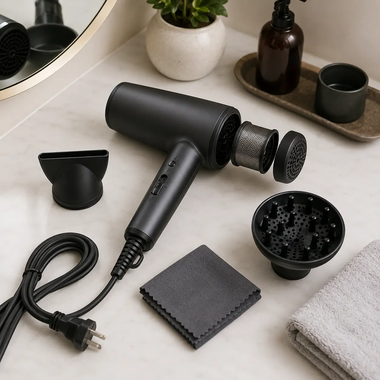 Hair dryer with rear filter nozzle diffuser power cable and cleaning cloth