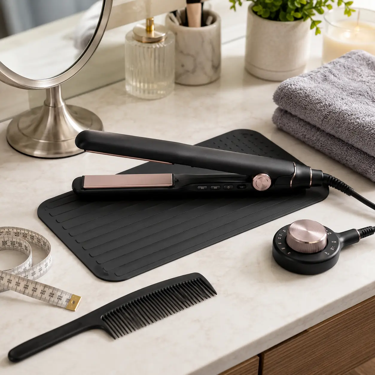 Hair straightener with heat mat measuring tape comb and temperature control for buying checks