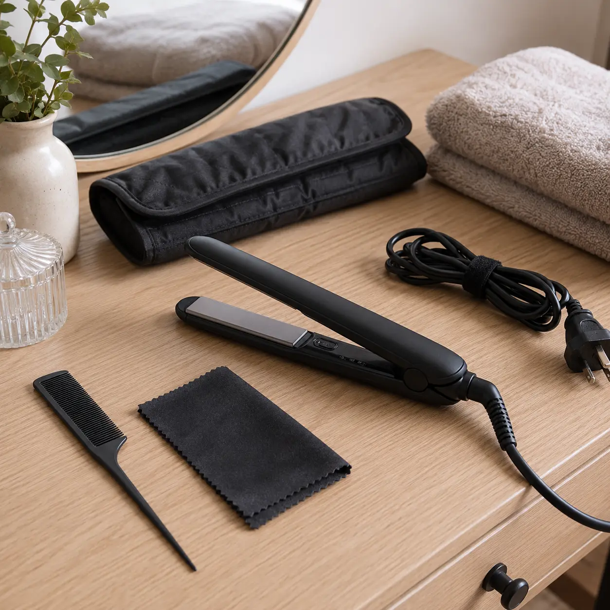 Hair straightener with open plates heat pouch cable cleaning cloth and comb