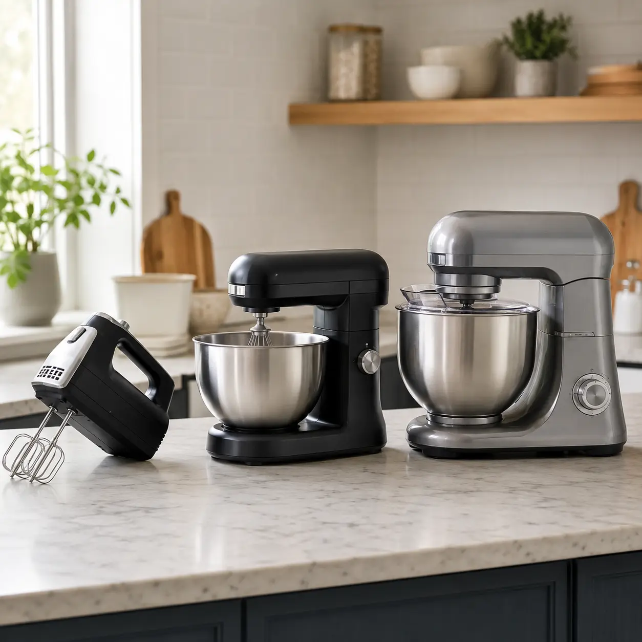 Hand mixer compact stand mixer and full size stand mixer compared on a kitchen worktop