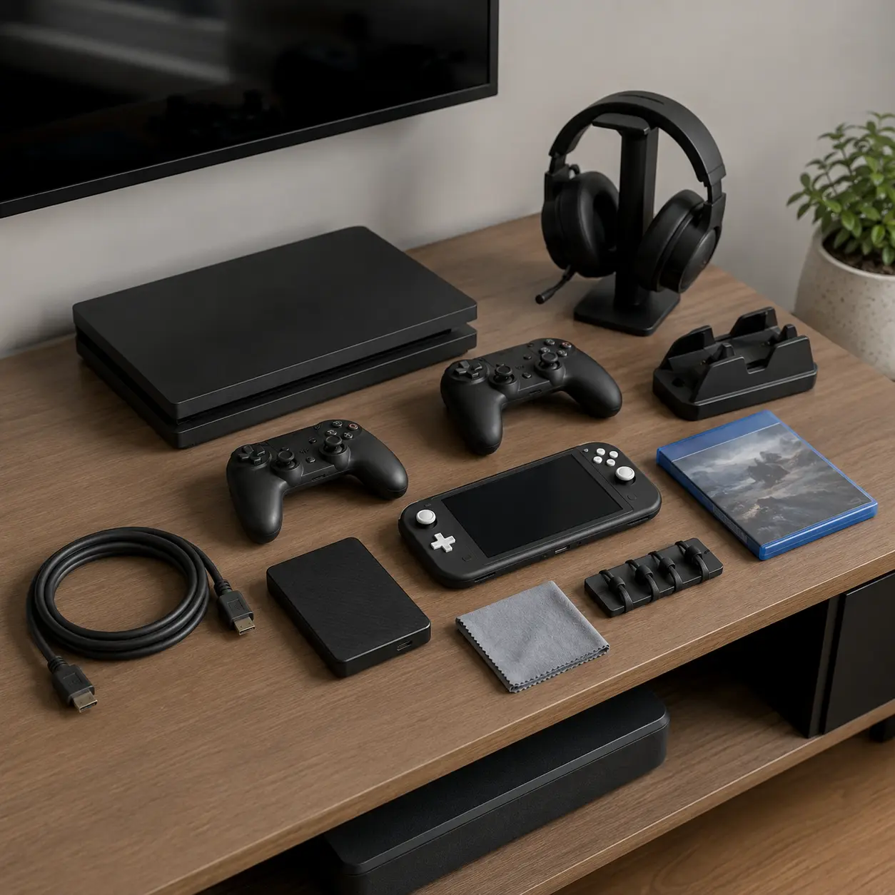 Home and handheld games consoles with controllers, headset, storage, charging dock and cables