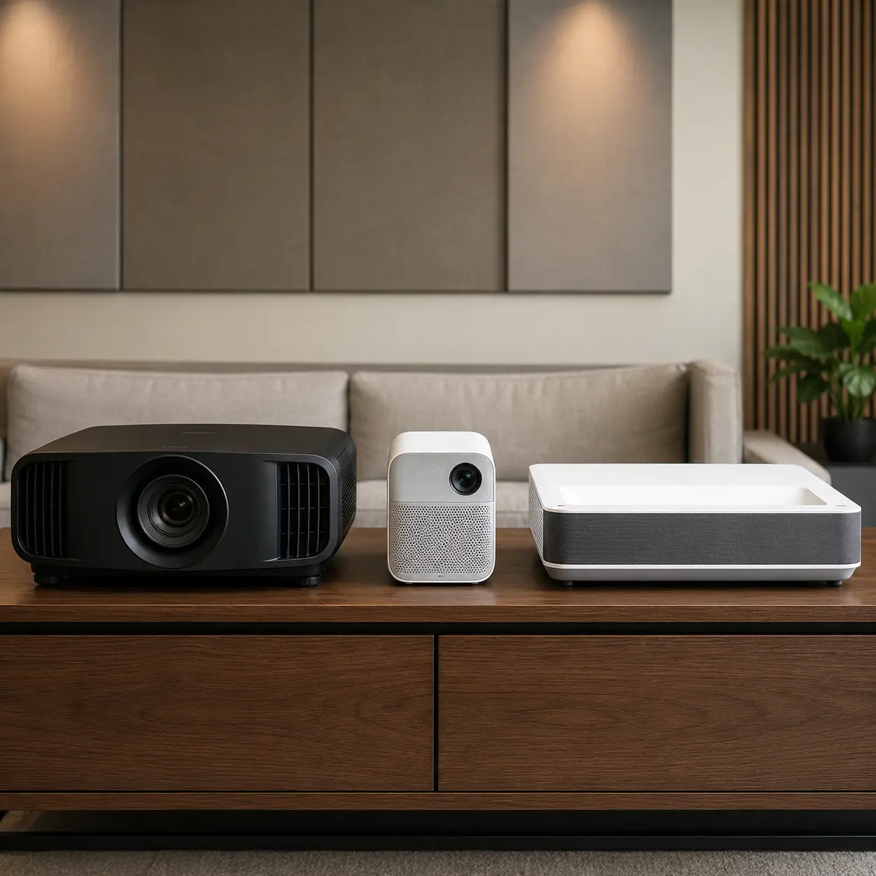 Home cinema portable and short throw projectors compared in a media room