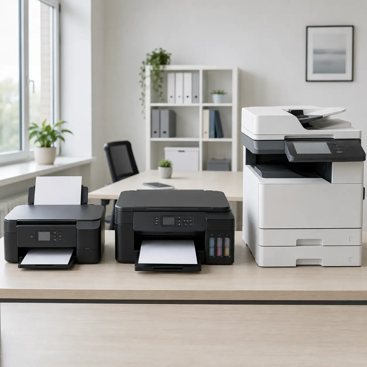 Home inkjet, ink tank and office laser all in one printers compared in a modern workspace