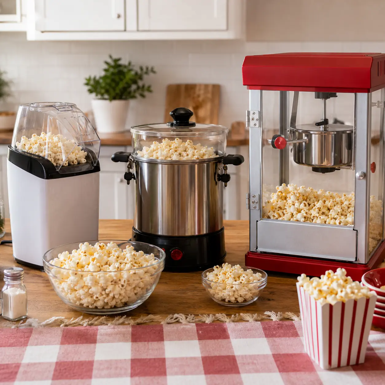 Hot air oil based and retro popcorn machines compared on a party table